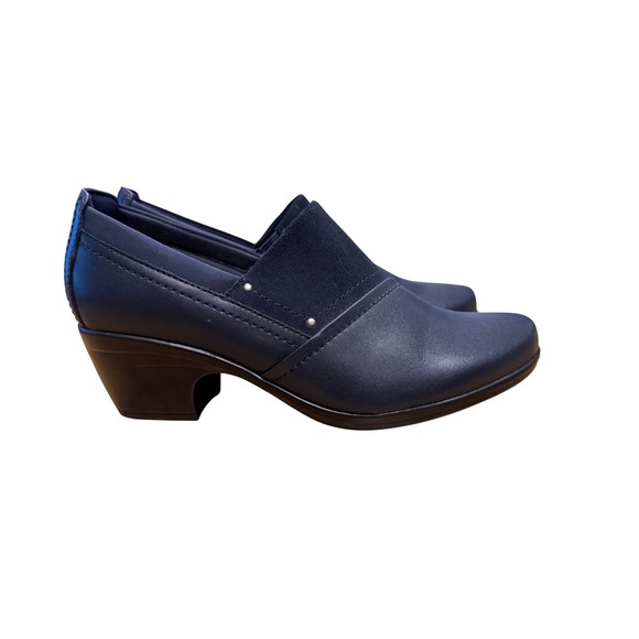Clarks Shoes - Clarks Collection Navy Blue Dark Academia Leather Slip On Block Heel Shoes 8.5